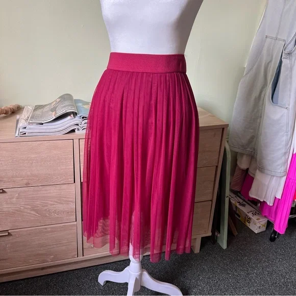 Maroon Red Layered Mesh Pleated Tutu High-Waist Modest Midi Knee-Length Skirt S - Picture 5 of 16